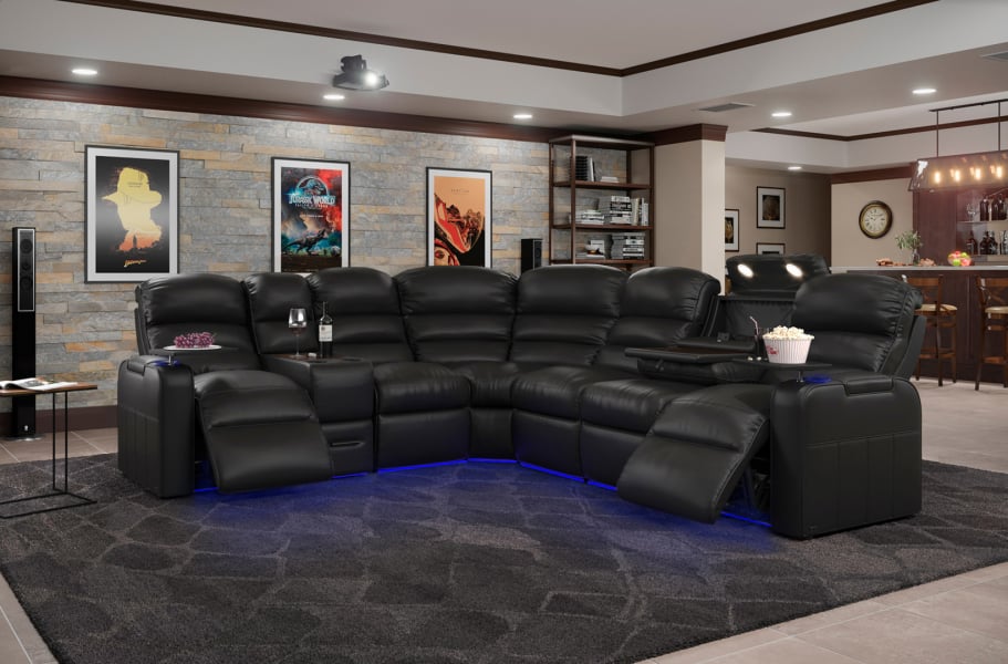 Octane Seating Magnum LHR Leather Sectional Couch in Black | Power Recline | Lumbar Support | TheaterSeatStore in Sectional Rows